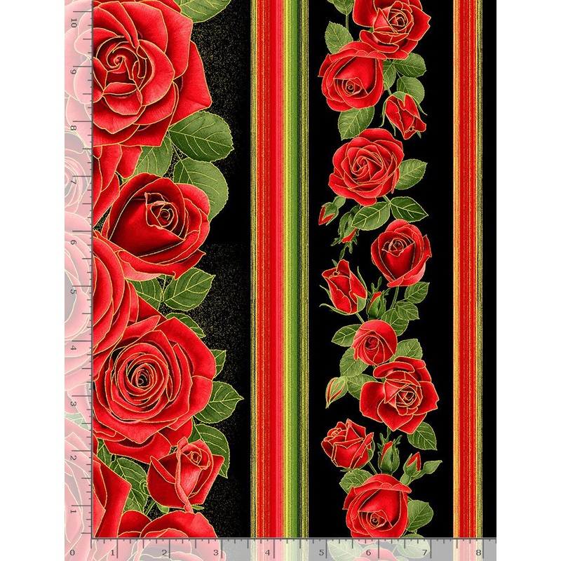 Rose Gilded Red Metallic Rose 11 inch Stripe Black Chong-A Hwang Timeless Treasures Cotton Fabric