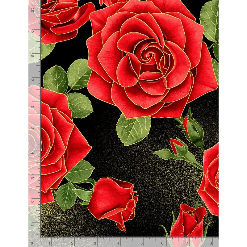 Rose Gilded Red Metallic Roses Large Black Chong-A Hwang Timeless Treasures Cotton Fabric