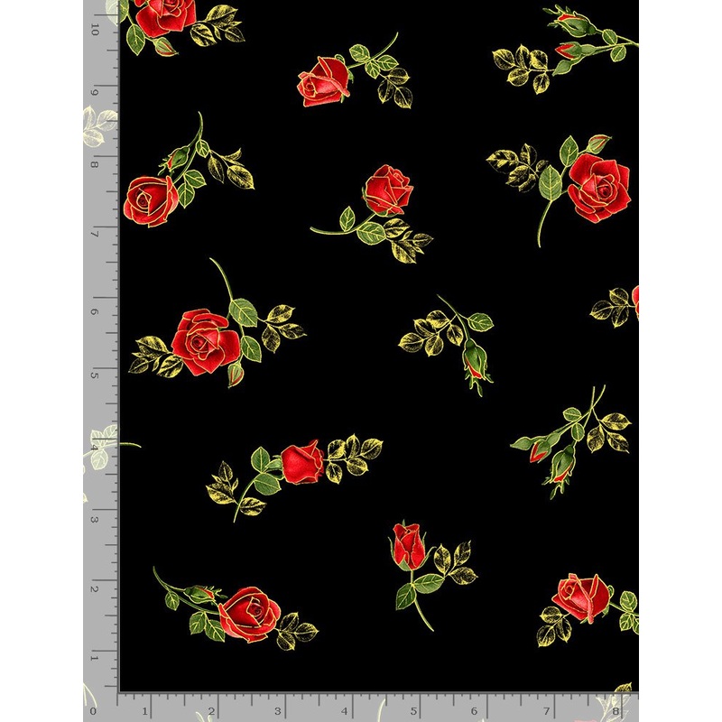 Rose Gilded Rose Red Metallic Rose Buds Black Chong-A Hwang Timeless Treasures 44 inch Cotton Fabric