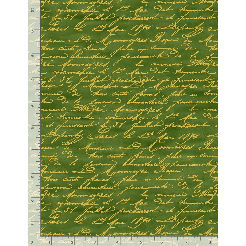 Rose Gilded Rose Script Metallic Green Chong-A Hwang Timeless Treasures Cotton Fabric