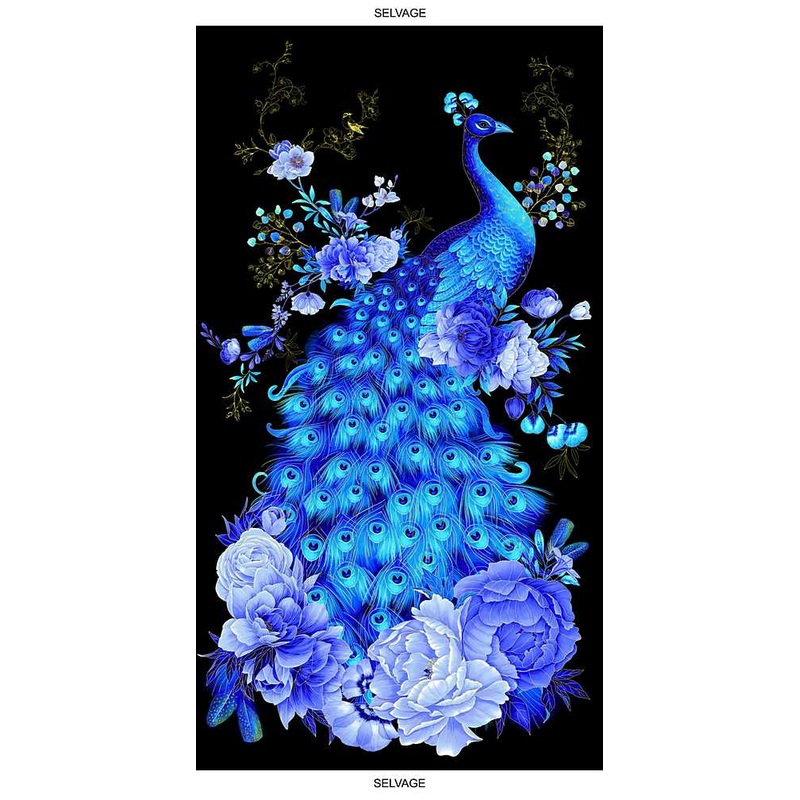 Royal Plume Peacock Panel Black 24 Chong-A Hwang Timeless Treasures Cotton Fabric