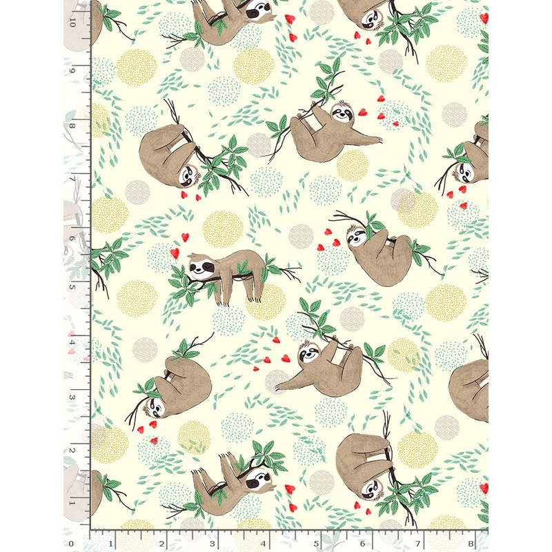 Slow and Steady Tossed Hanging Sloths Tree Branches Cream Timeless Treasures Cotton Fabric