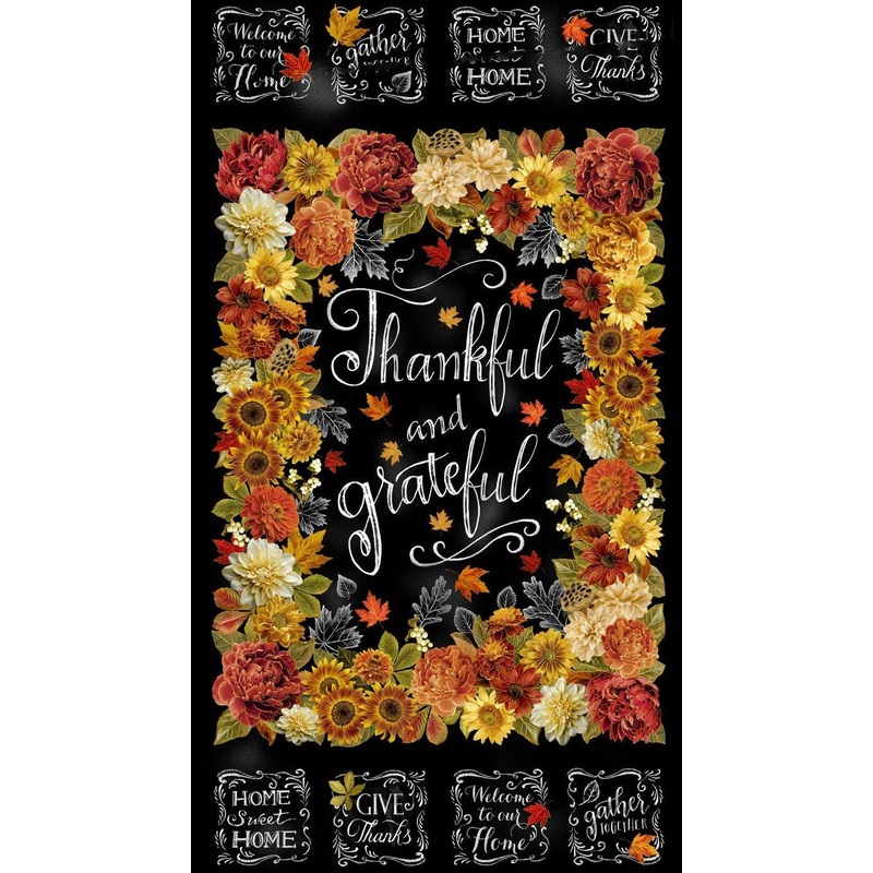 Thankful and Grateful Panel 24" Black Metallic Timeless Treasures Cotton Fabric