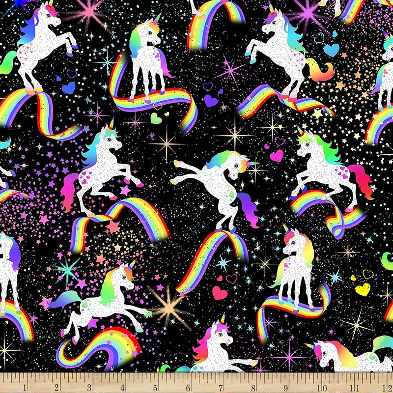 Unicorns Metallic Cosmic Glitter Black Timeless Treasures Cotton Fabric