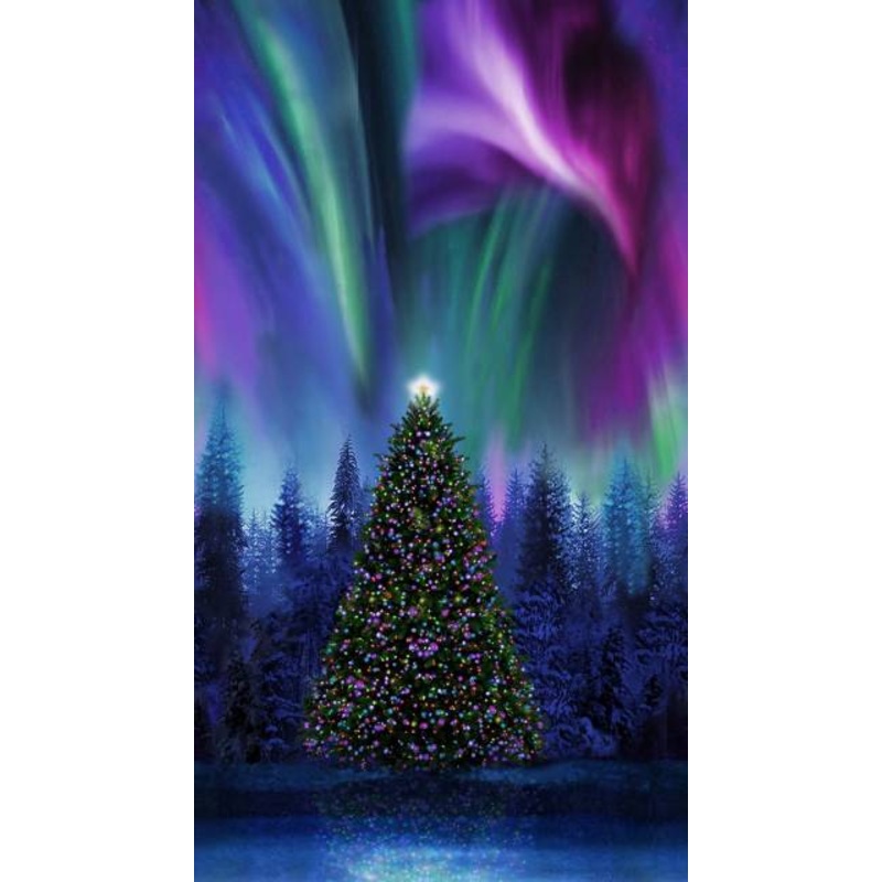 Winter Solstice Christmas Tree Aurora Borealis Panel 24 Multi Timeless Treasures Cotton Fabric