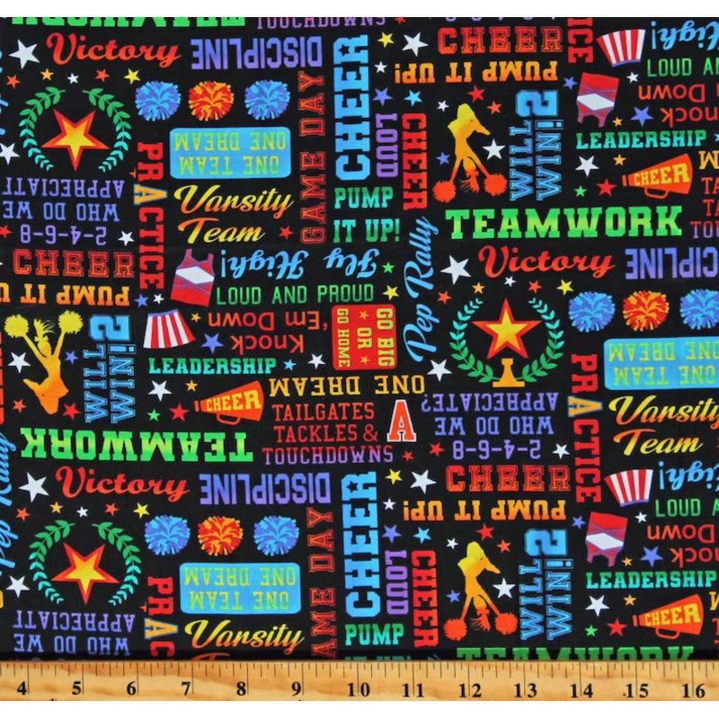 Cheer Squad Cheerleader Words Text Black Gail Cadden Timeless Treasures Cotton Fabric