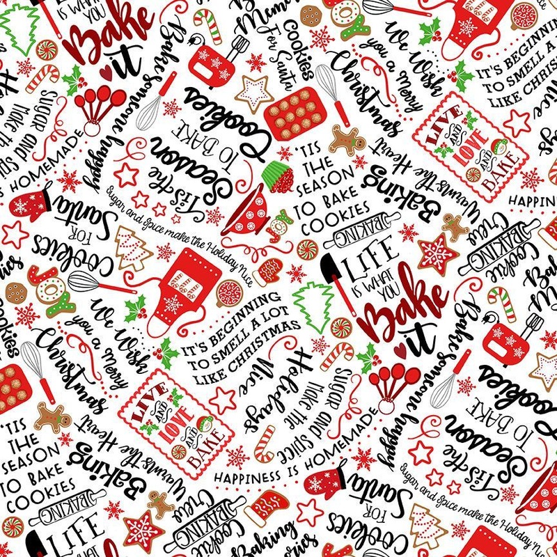 Cookies Santa Baking Cookies & Text White Gail Cadden Timeless Treasures Cotton Fabric