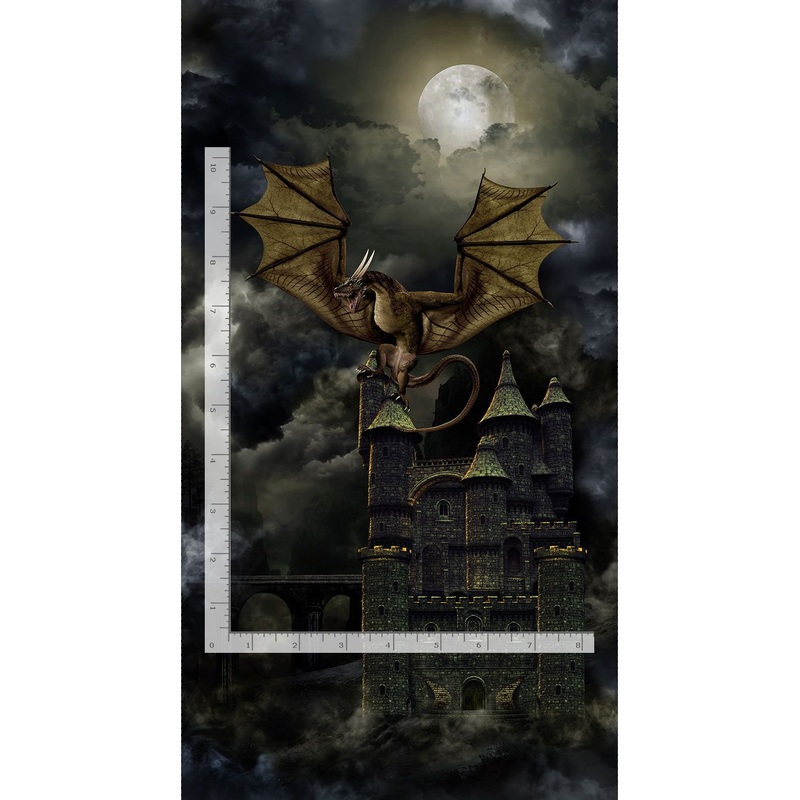 Dragon's Lair Dragon's Castle Panel 24" Black Timeless Treasures Cotton Fabric