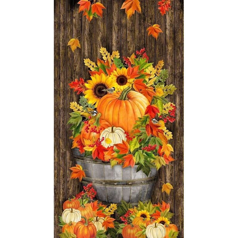 Fall Is The Air Harvest Floral Metallic Panel 24" Brown Timeless Treasures Cotton Fabric