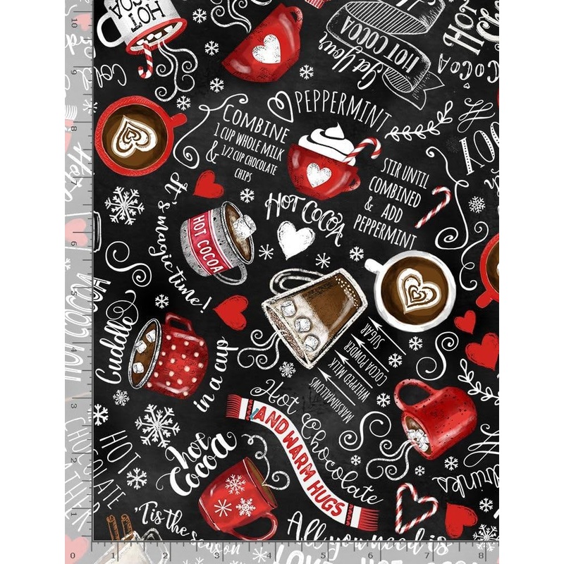 Feeling Festive Hot Chocolate Winter Drinks Black Gail Cadden Timeless Treasures Cotton Fabric