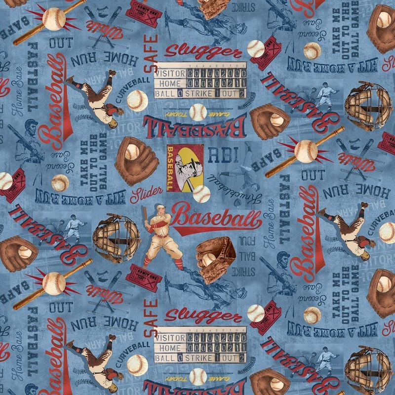 Home Run Vintage Baseball Blue Gail Cadden Timeless Treasures Cotton Fabric