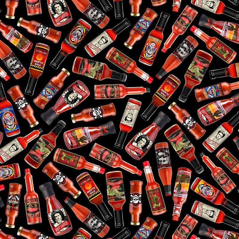 In Queso Emergency Folklore Mexican Hot Sauce Bottles Black Timeless Treasures Cotton Fabric