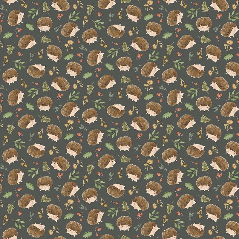Into the Woods Hedgehog and Mushrooms Slate Green Timeless Treasures Cotton Fabric