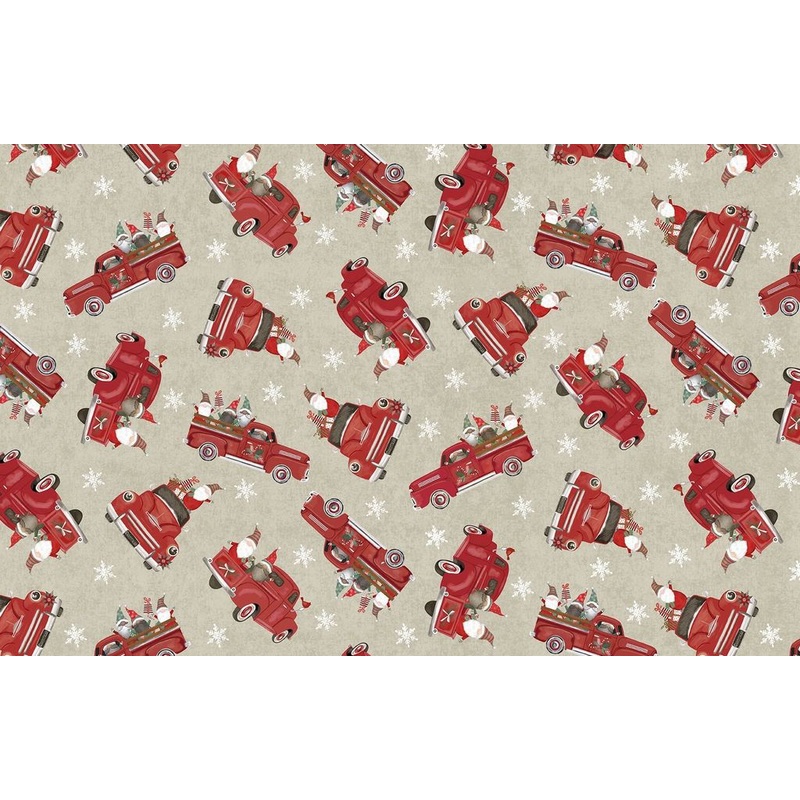 Let it Snow Christmas Truck and Gnome Beige Gail Cadden Timeless Treasures Cotton Fabric