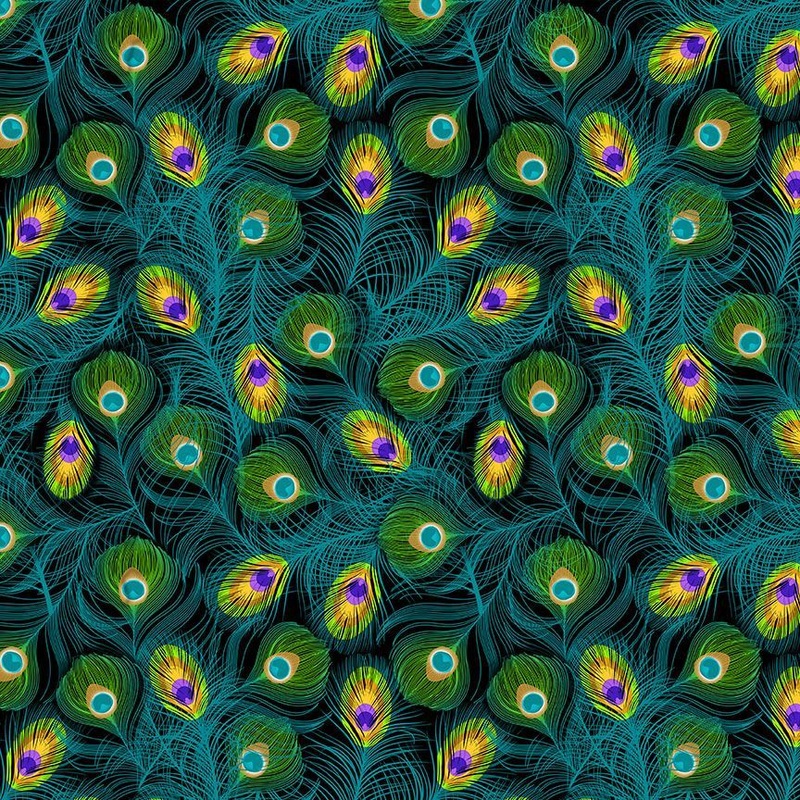 Mardi Grains Parade Tossed Peacock Feathers Black Gail Cadden Timeless Treasures Cotton Fabric