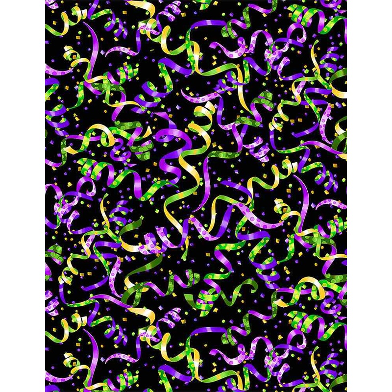 Mardi Gras Streamers Toss Black Gail Cadden Timeless Treasures Cotton Fabric