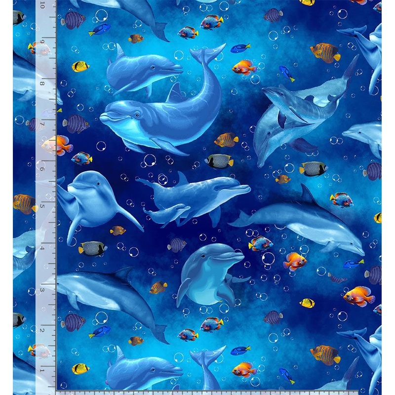 Ocean Life Playful Dolphin and Fish Ocean Blue Timeless Treasures Cotton Fabric