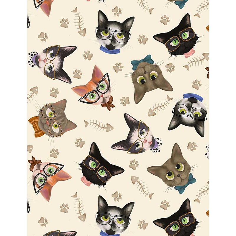 Sassy Cats Tossed Cat Heads Glasses Sage Larkin Timeless Treasures Cotton Fabric
