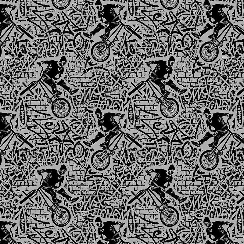 Skate Forever Bicycle Acrobat Grey Timeless Treasures Cotton Fabric