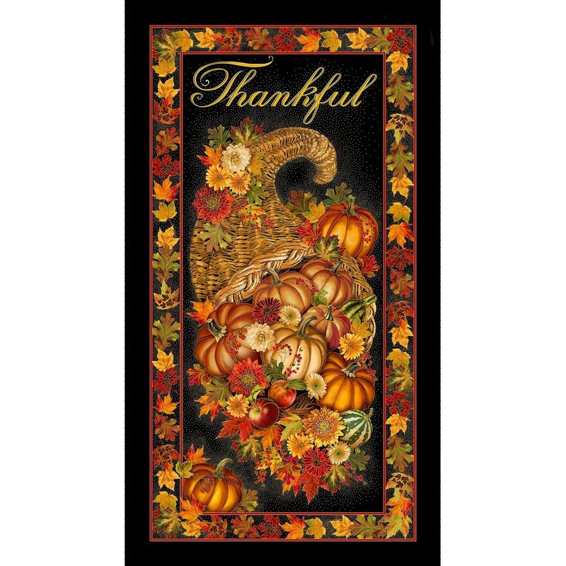 Thankful Cornucopia Metallic Panel Black Timeless Treasures Cotton Fabric