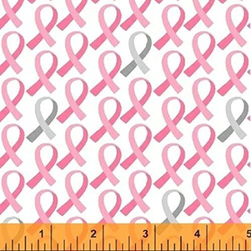 Breast Cancer Awareness Pink Gray Accent Ribbons White Whistler Studios Windham Cotton Fabric