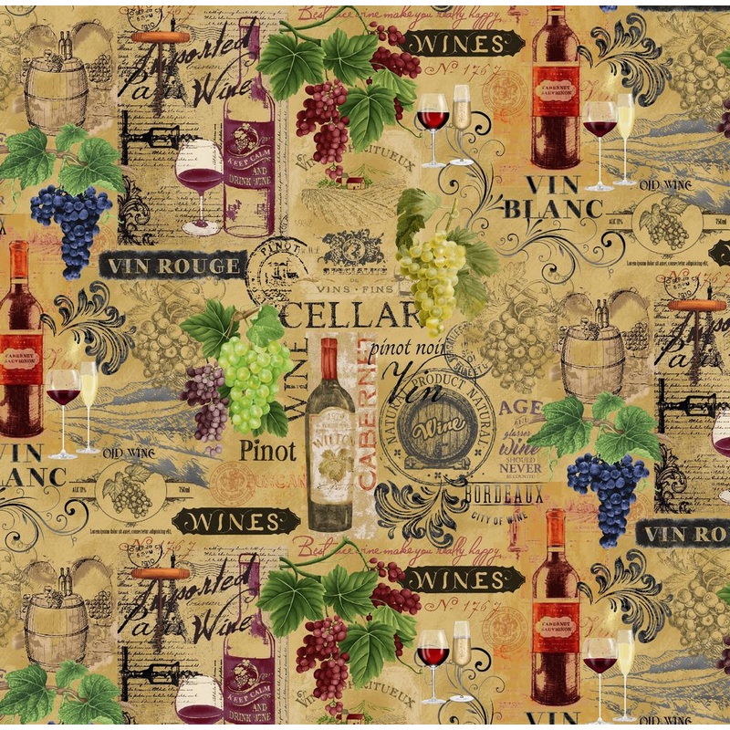 Wine Tasting Vintage Wine Grape Text Beige Timeless Treasures Cotton Fabric