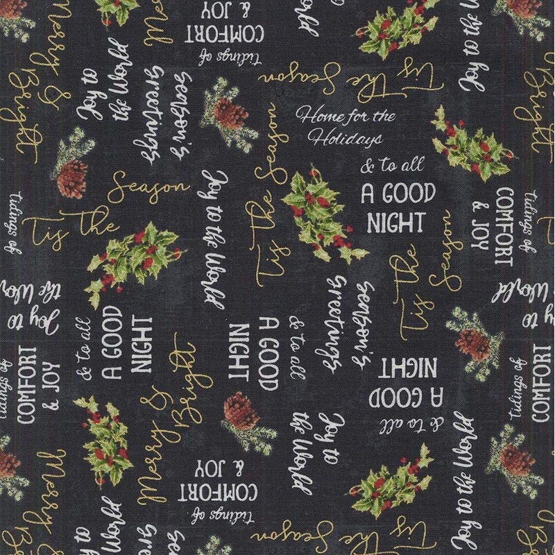 Comfort and Joy Holiday Words Metallic Black Windham Cotton Fabric