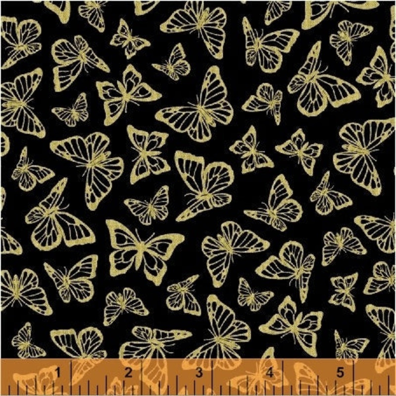 Precious Metal Butterflies Metallic Gold Black Windham Cotton Fabric