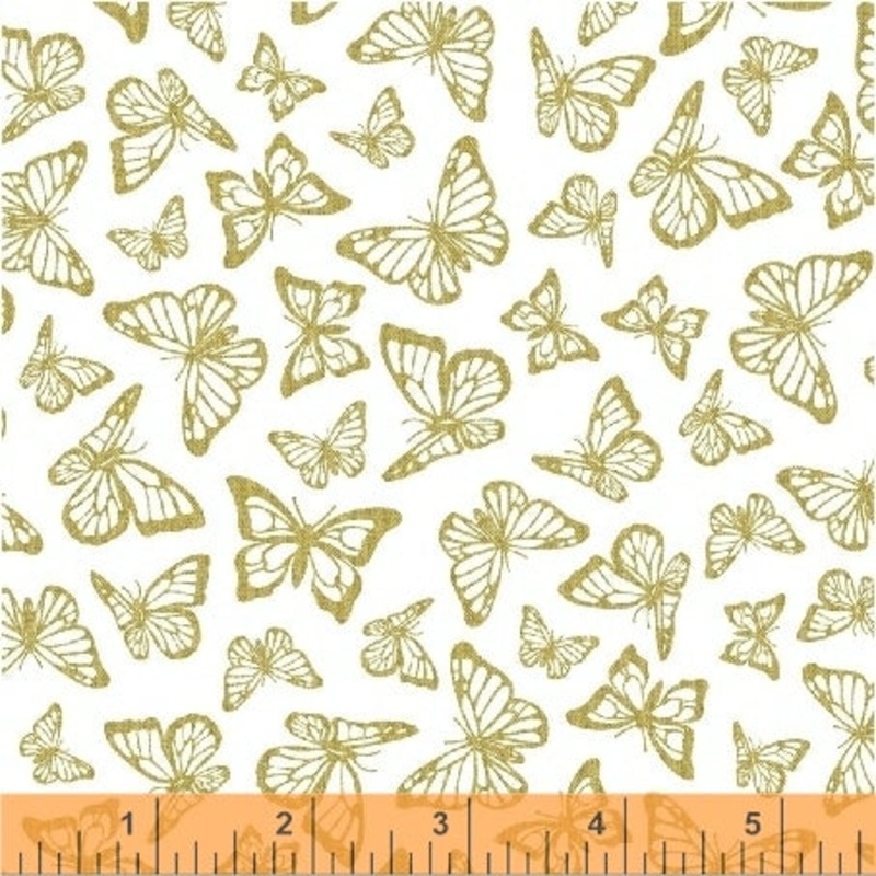 Precious Metal Butterflies Metallic Gold White Windham Cotton Fabric