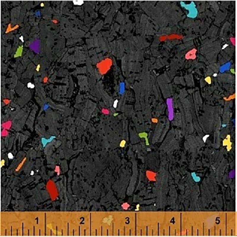 Recorked Black Ebony Gold Metallic Multi-Colored Spots Windham Cotton Fabric