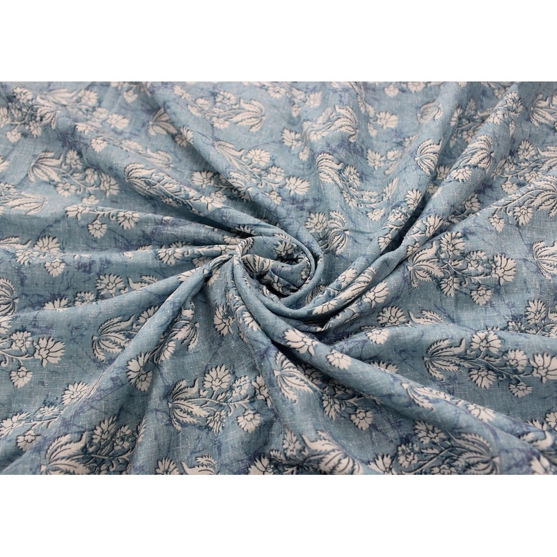 Blue Floral Digital Printed Cotton Slub Fabric