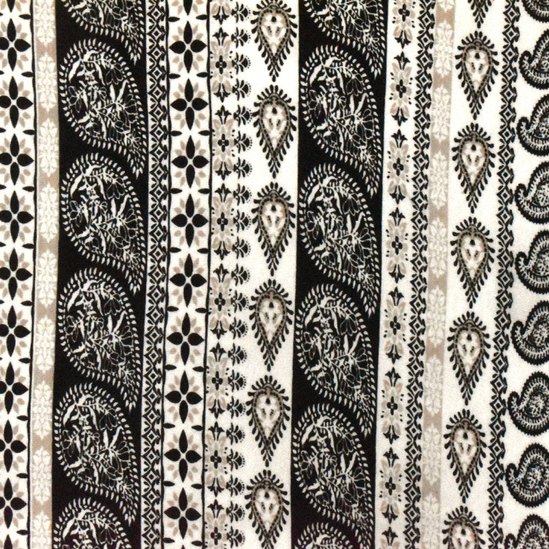 White-Black-Beige Paisley Stripe Printed Rayon Stretch Jersey Knit Fabric
